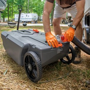 Camco Rhino 28-Gallon Portable Camper/RV Tote Tank | Features 2 Steerable No-Flat Front Wheels & Built-In Gate Valve | Includes Removable 24″ Tow Bar, 3’ RV Sewer Hose & More RV Accessories (39005)